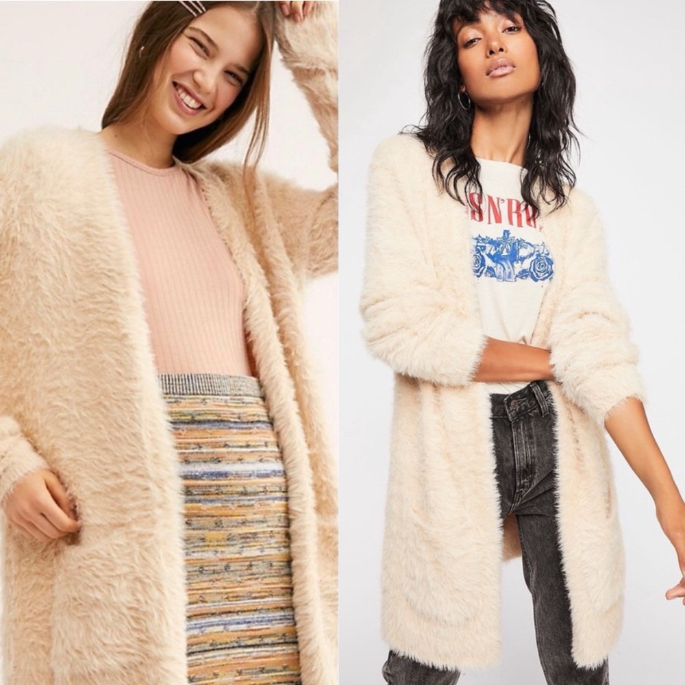 Free People Faux Fur Cardigan Sweater Cream Beige Open Front Eyelash Size XS